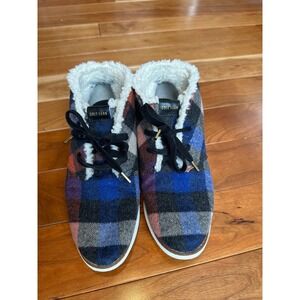 Cole Haan Plaid Wool Faux Shearling Lined Chukka Booties Blue Red 6